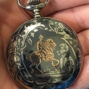 Antique / Vintage Lyst Glashute Niello Lovers Silver Rose Gold Pocket Watch Runs